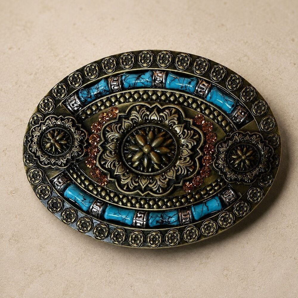 Western Style Metal Belt Buckle – Simulated Turquoise Stones & Amber Crystals